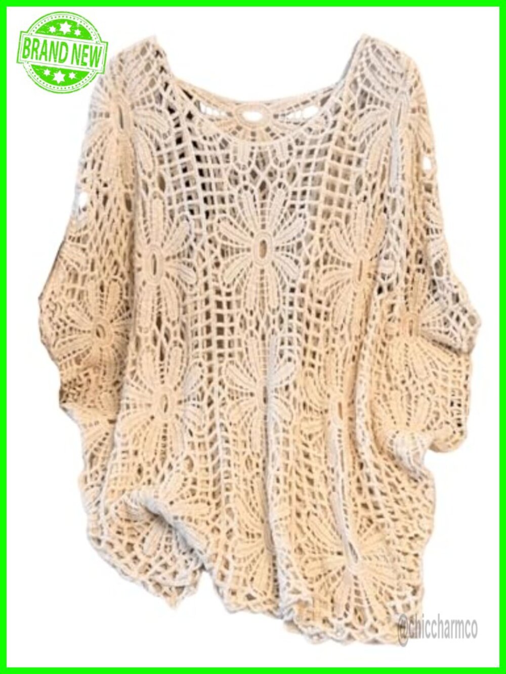 Plus Crochet Boho Beach Cover Up Dolman 3/4 Sleeve Loose Fit